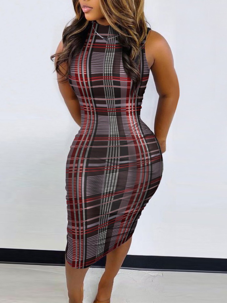 LW Plaid Print Bodycon Dress