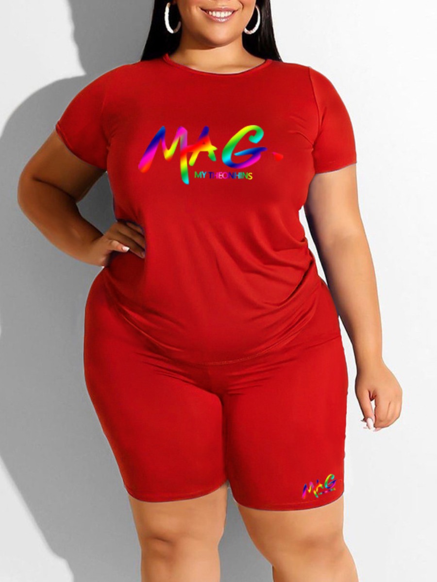 

LW Plus Size Gradient Letter Print Shorts Set, Red