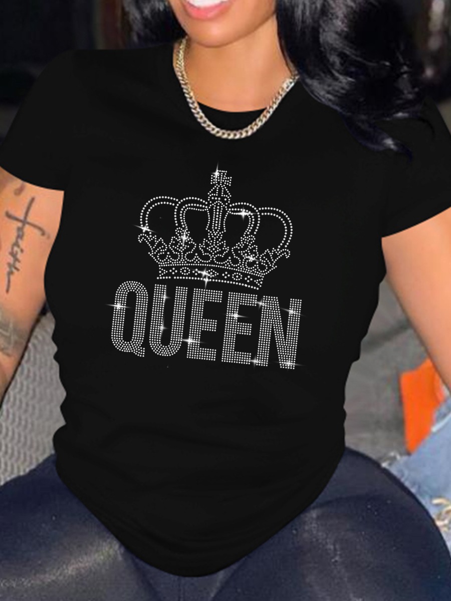 

LW Plus Size Rhinestone Queen Letter Decor T-shirt, Black