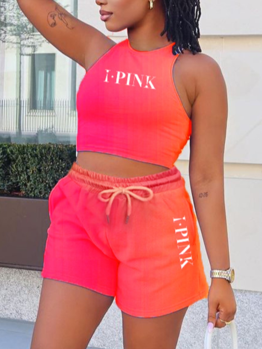 

LW Gradient Pink Letter Print Shorts Set, Rose red