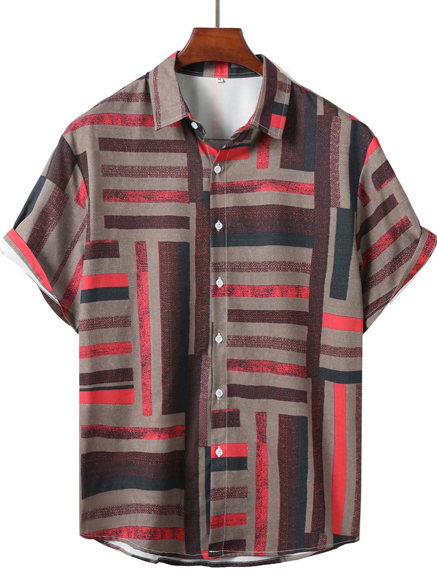 

LW Men Striped Patchwork Loose Shirt, Brown