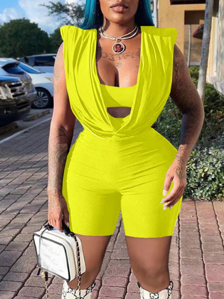 

LW SXY Fold Design Skinny Romper, Yellow