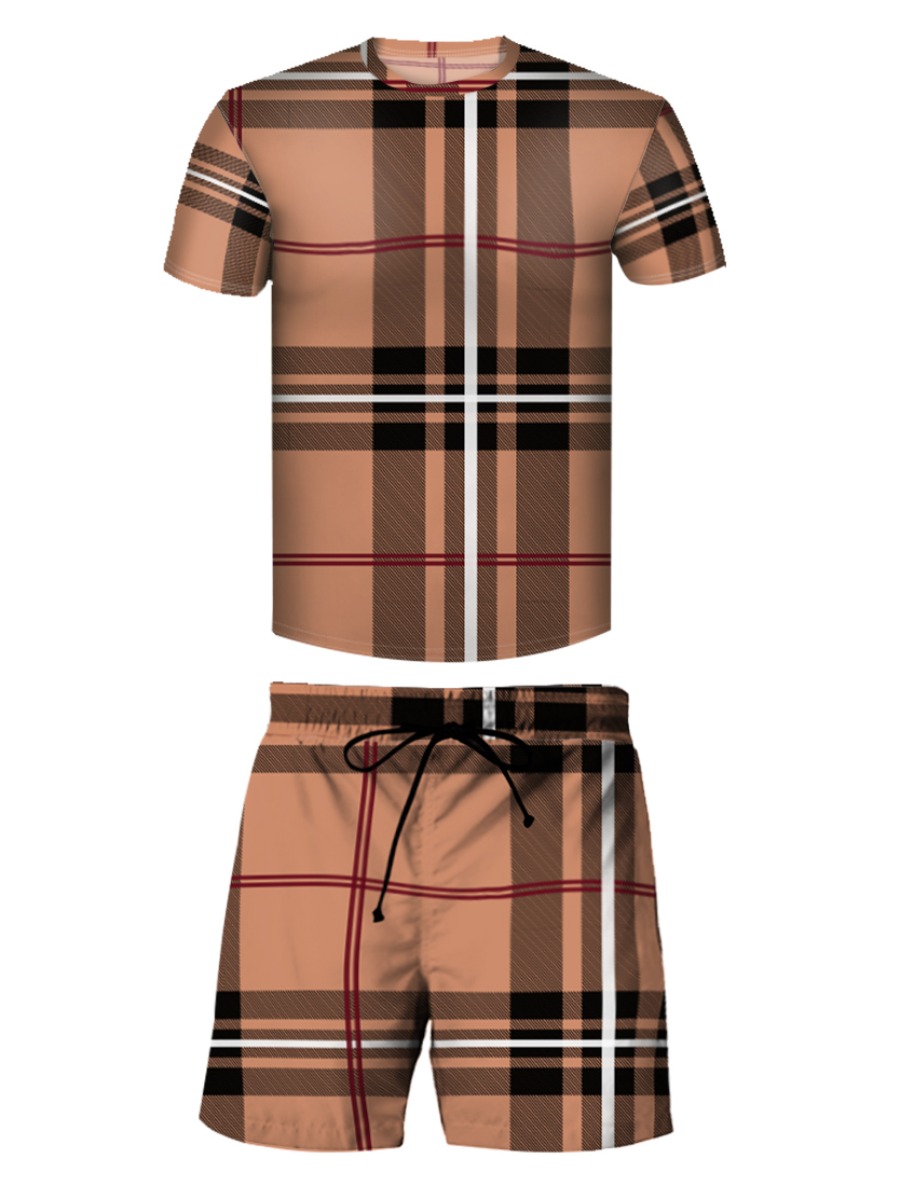 LW Men Plaid Print Drawstring Shorts Set