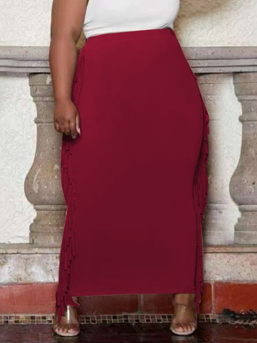 

LW Plus Size Tassel Design Bodycon Skirt, Wine red