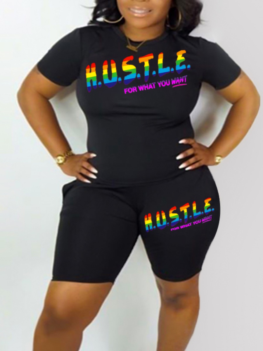

LW Plus Size Hustle Letter Print Shorts Set, Carbon black