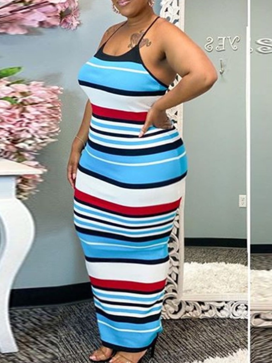 

LW SXY Plus Size High Stretchy Striped Backless Bodycon Dress, Stripe