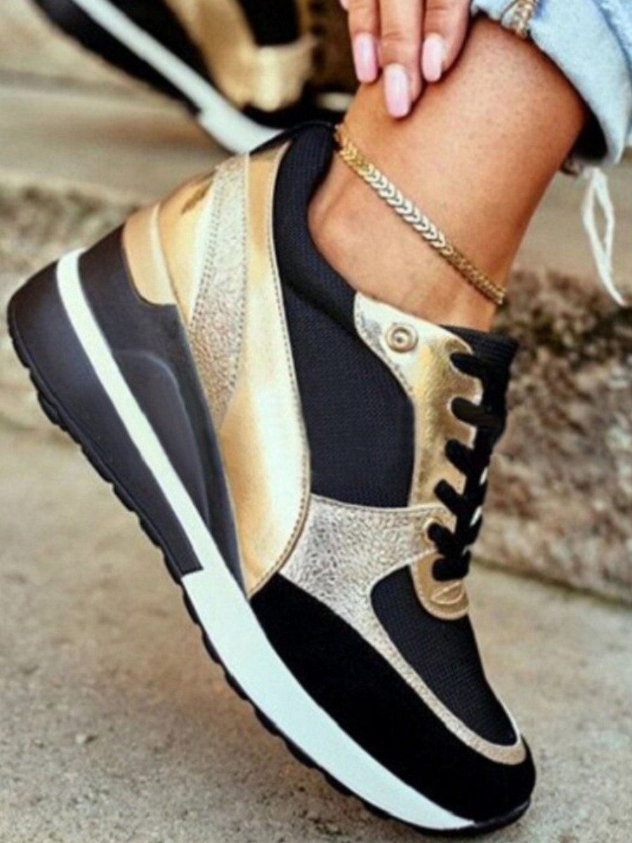 

LW Round Toe Patchwork Sneakers, Gold