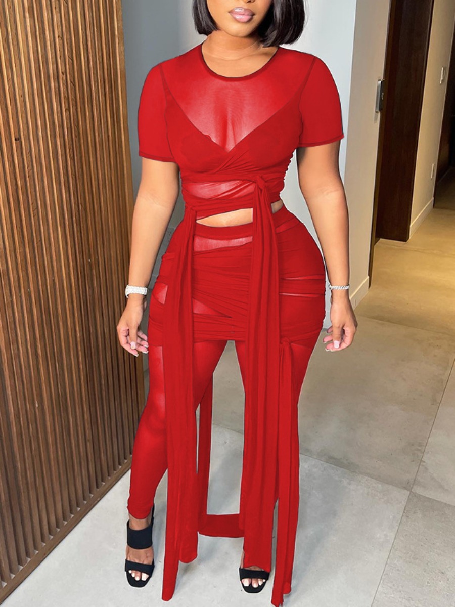 

LW SXY Bandage Design See-through Pants Set, Red