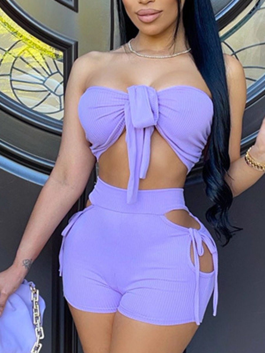 

LW SXY Off The Shoulder Bandage Design Shorts Set, Purple