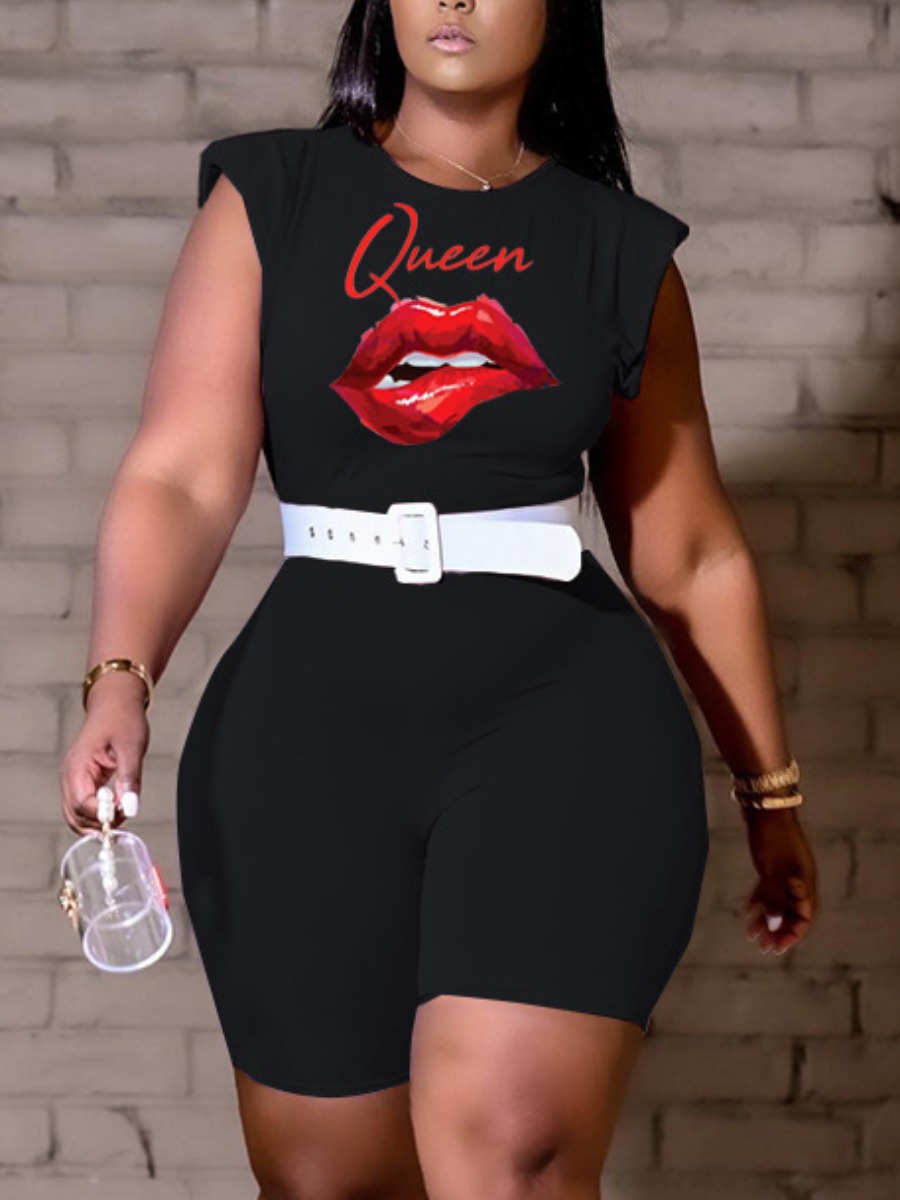 

LW Plus Size Polyester Pink Queen Print Regular Yes(Stretch) Romper, Black