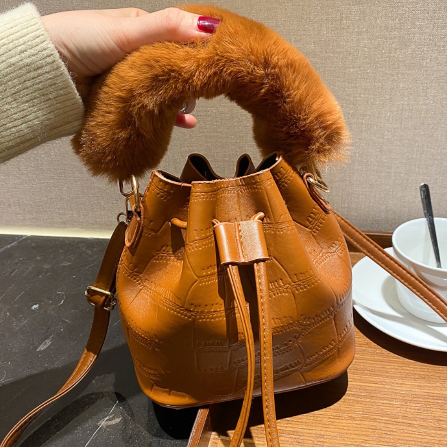 

LW Plush Drawstring Crossbody Bag, Brown