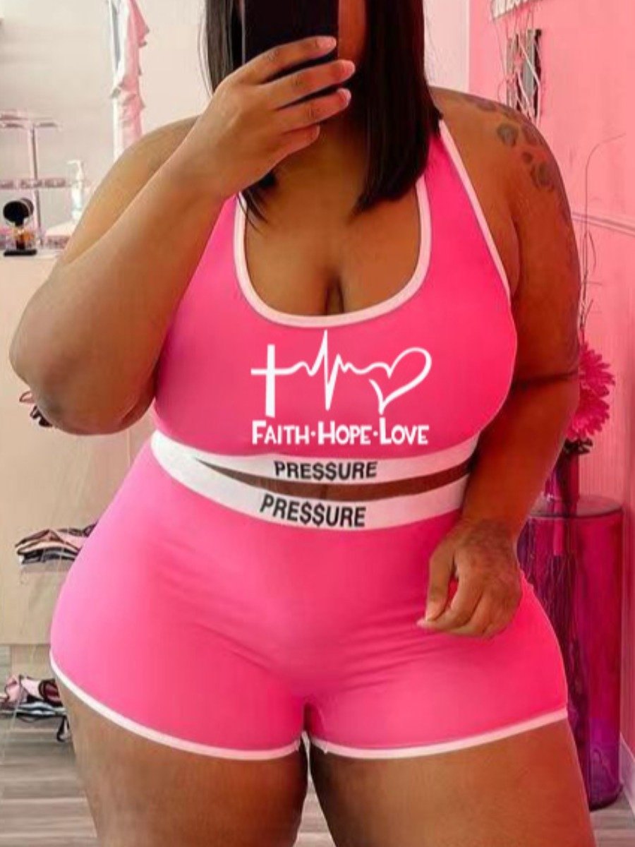 

LW BASICS Plus Size Heart Letter Print Shorts Set, Pink