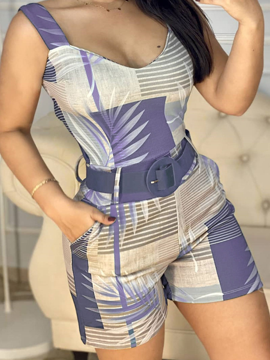 

LW Striped Leaves Print Patchwork Romper (Without Belt), Purple