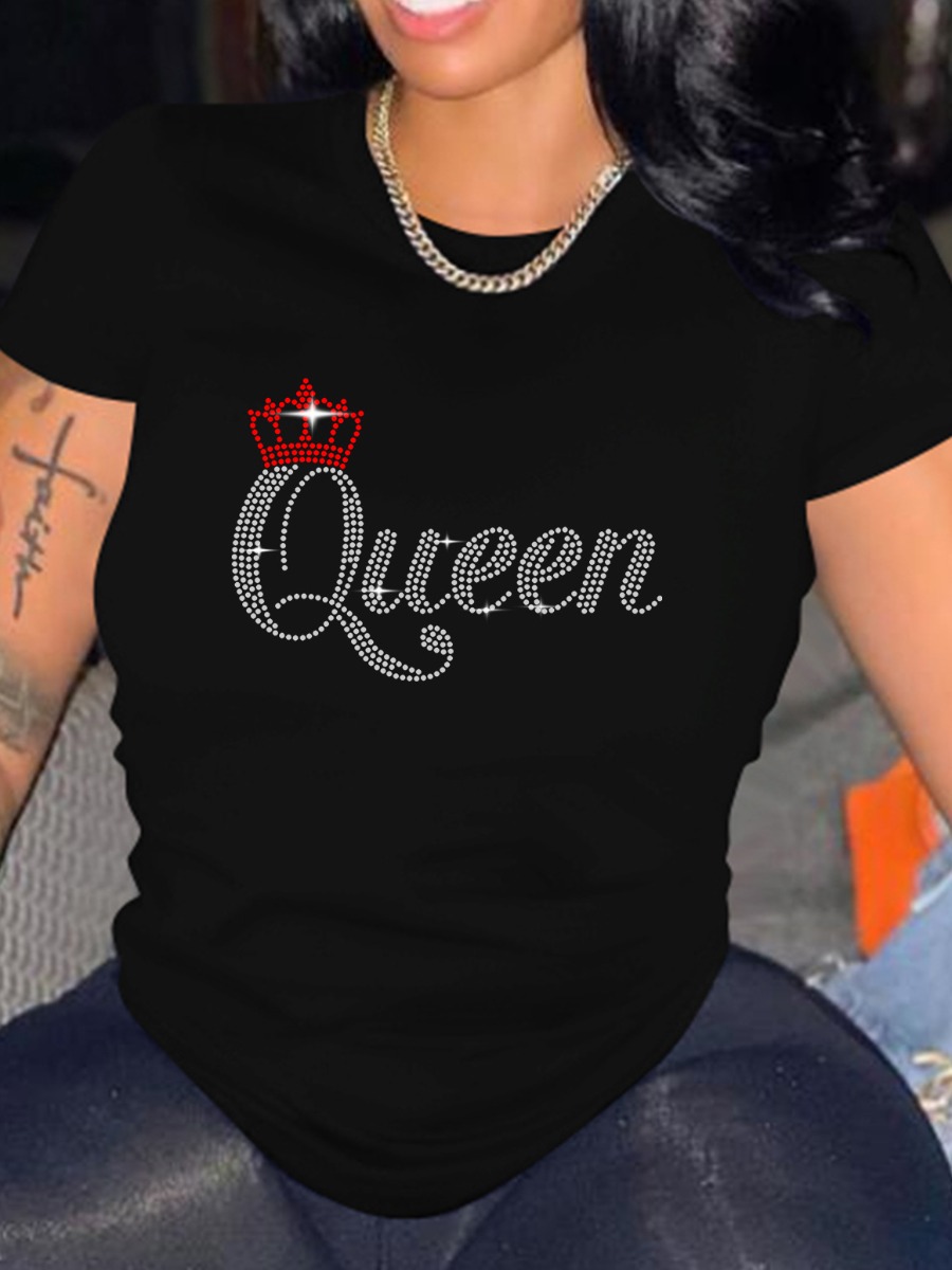 

LW Rhinestone Milk Fiber Queen Letter Skinny T-shirt, Black