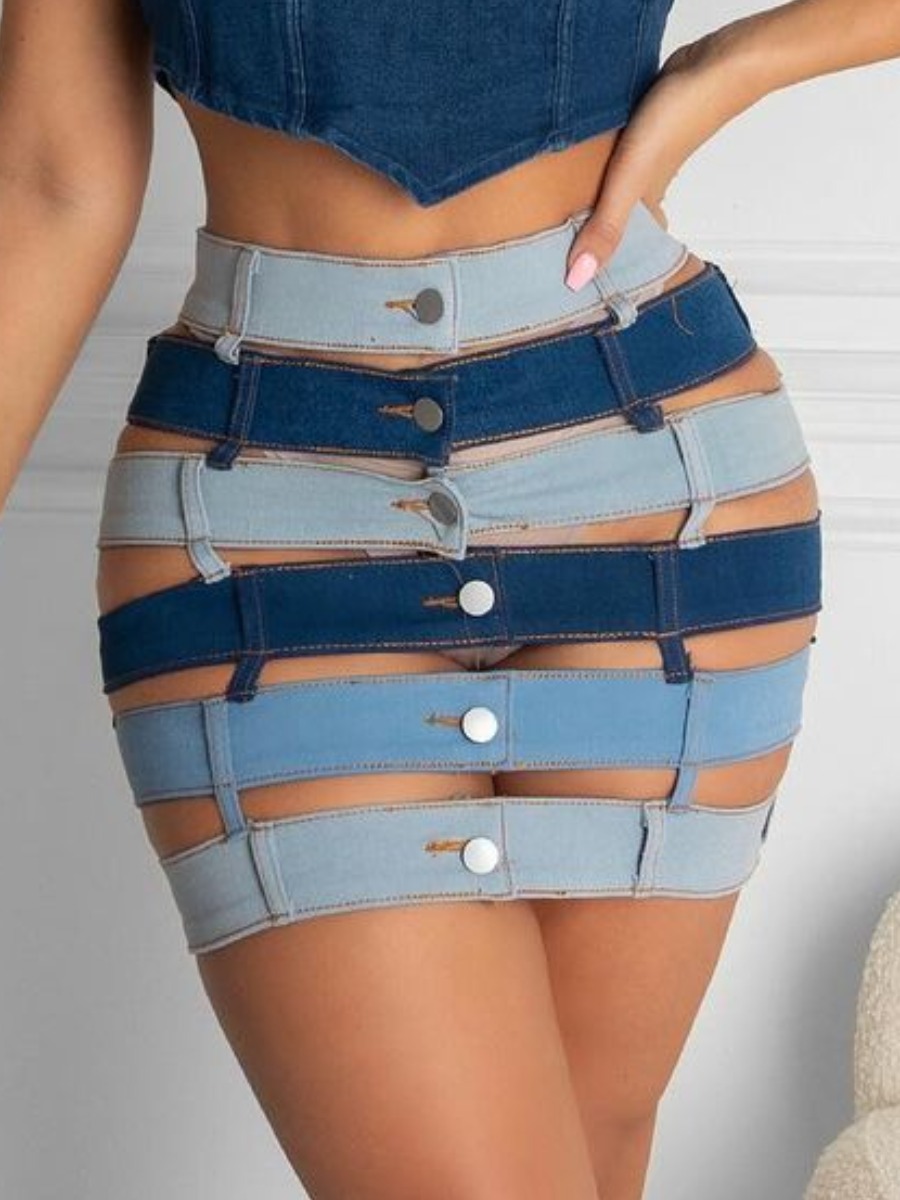 

LW Cut Out Patchwork Stretchy Denim Skirt, Blue