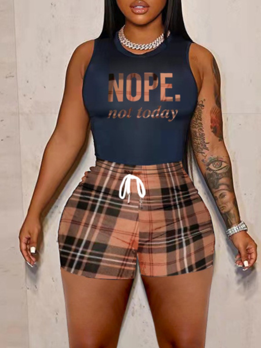 LovelyWholesale Letter Plaid Print Drawstring Shorts Set Summer Sleeveless Casual Vests Round Neck Spring Summer 2024