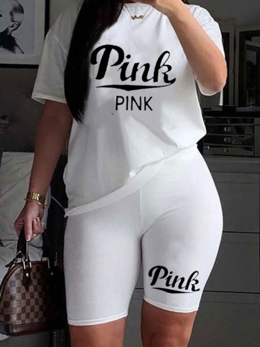 

LW Plus Size Pink Letter Print Shorts Set, White