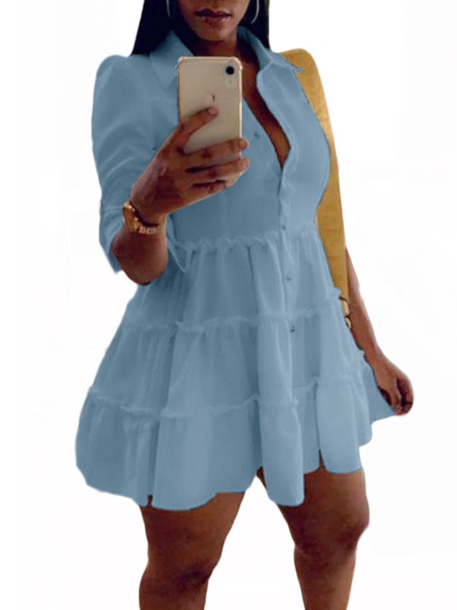 

LW Button Ruffle Design A Line Shirt Dress, Skyblue