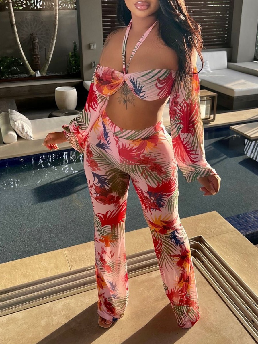 

LW Floral Print Backless See-through Pants Set, Multi