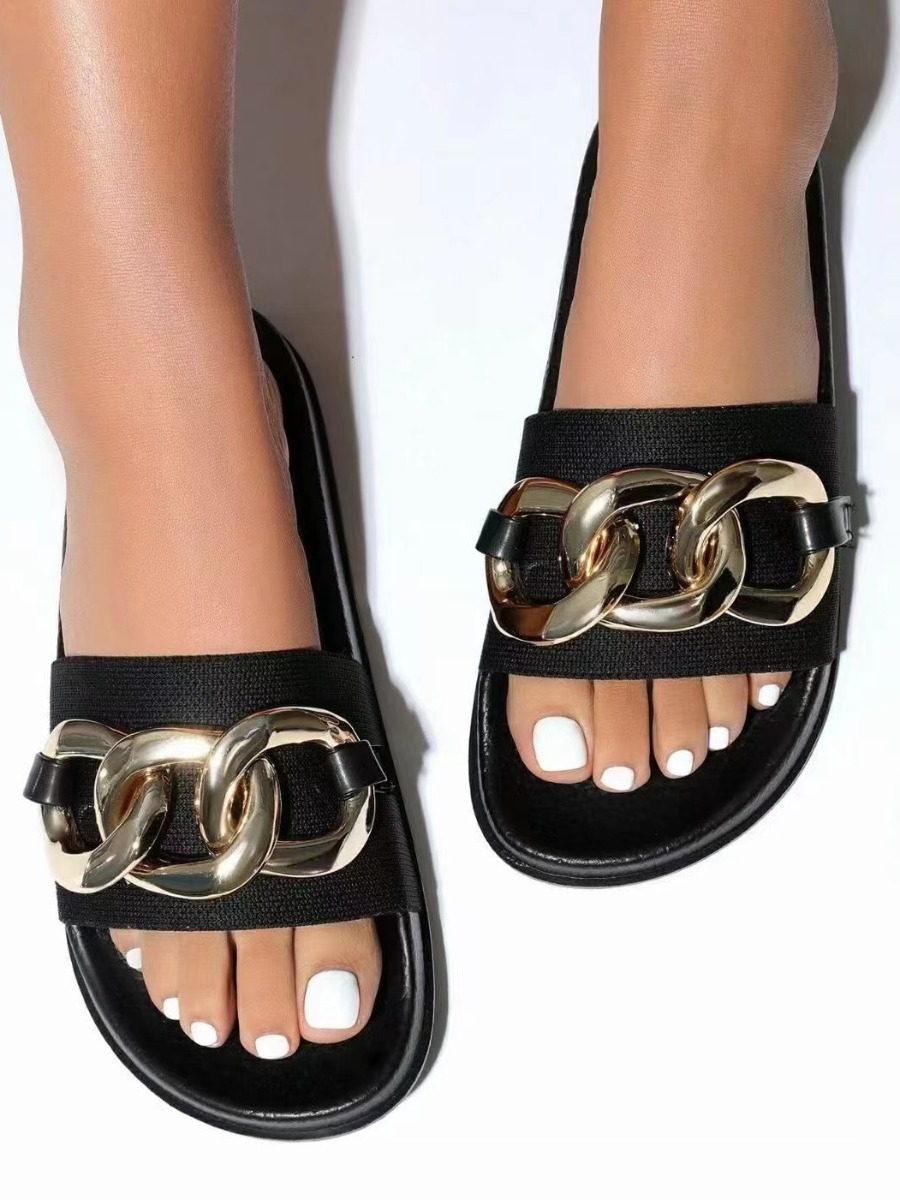 

LW Round Toe Chain Decor Slippers, Black