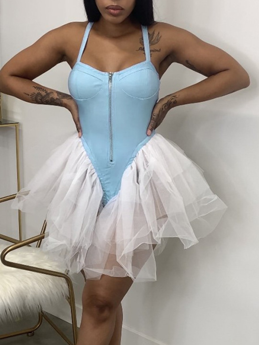 

LW Ruffle Design See-through Romper, Blue