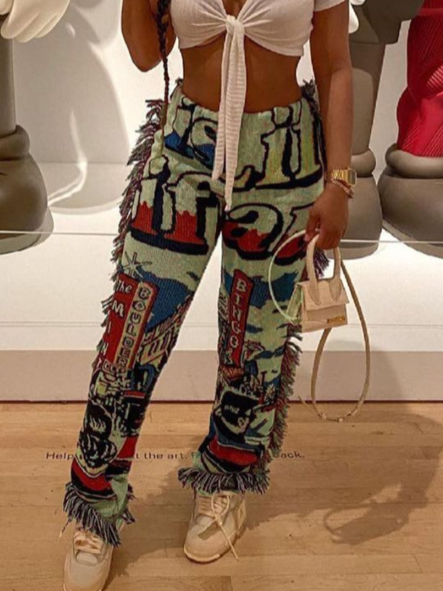 

LW Letter Print Tassel Design Pants, Light green