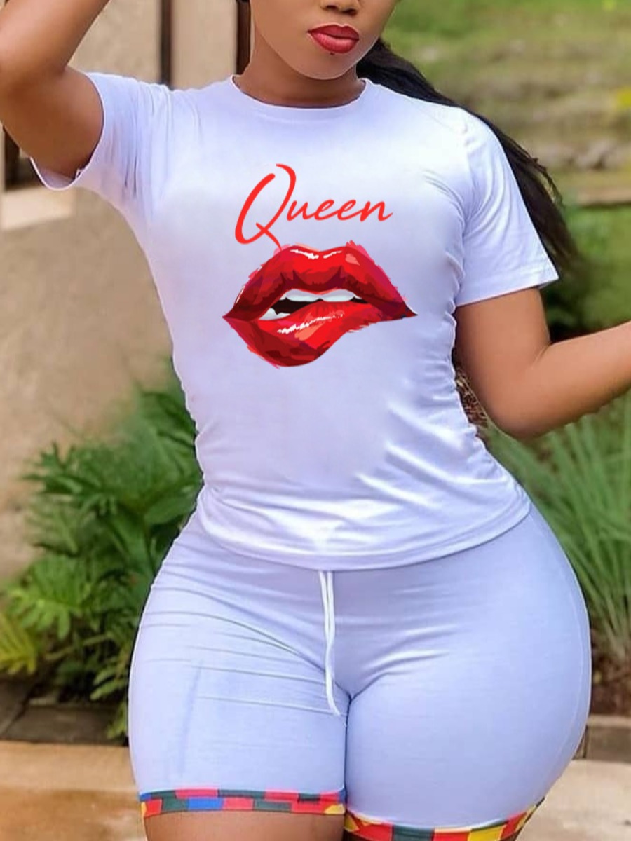 

LW Queen Letter Lip Print Shorts Set, White