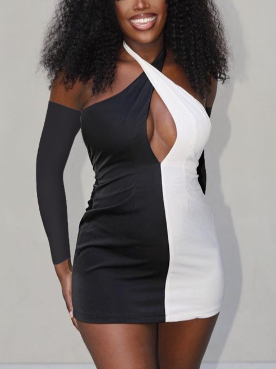 

LW SXY Backless Cross Strap Patchwork Dress, Black and white