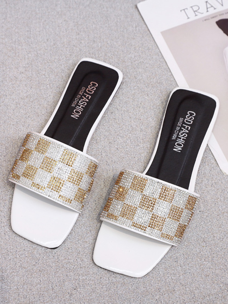 

LW Letter Print Rhinestone Plaid Decor Slides, White