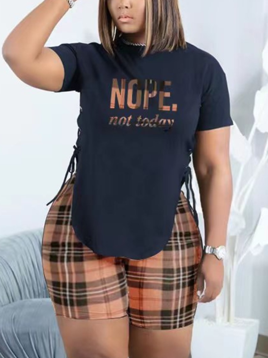 

LW Plus Size Plaid Letter Print Side Split Shorts Set, Deep blue