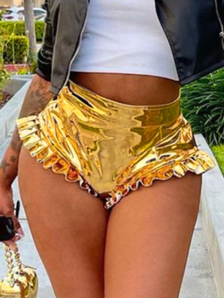 

LW Ruffle Design Shinny Stretchy Shorts, Gold