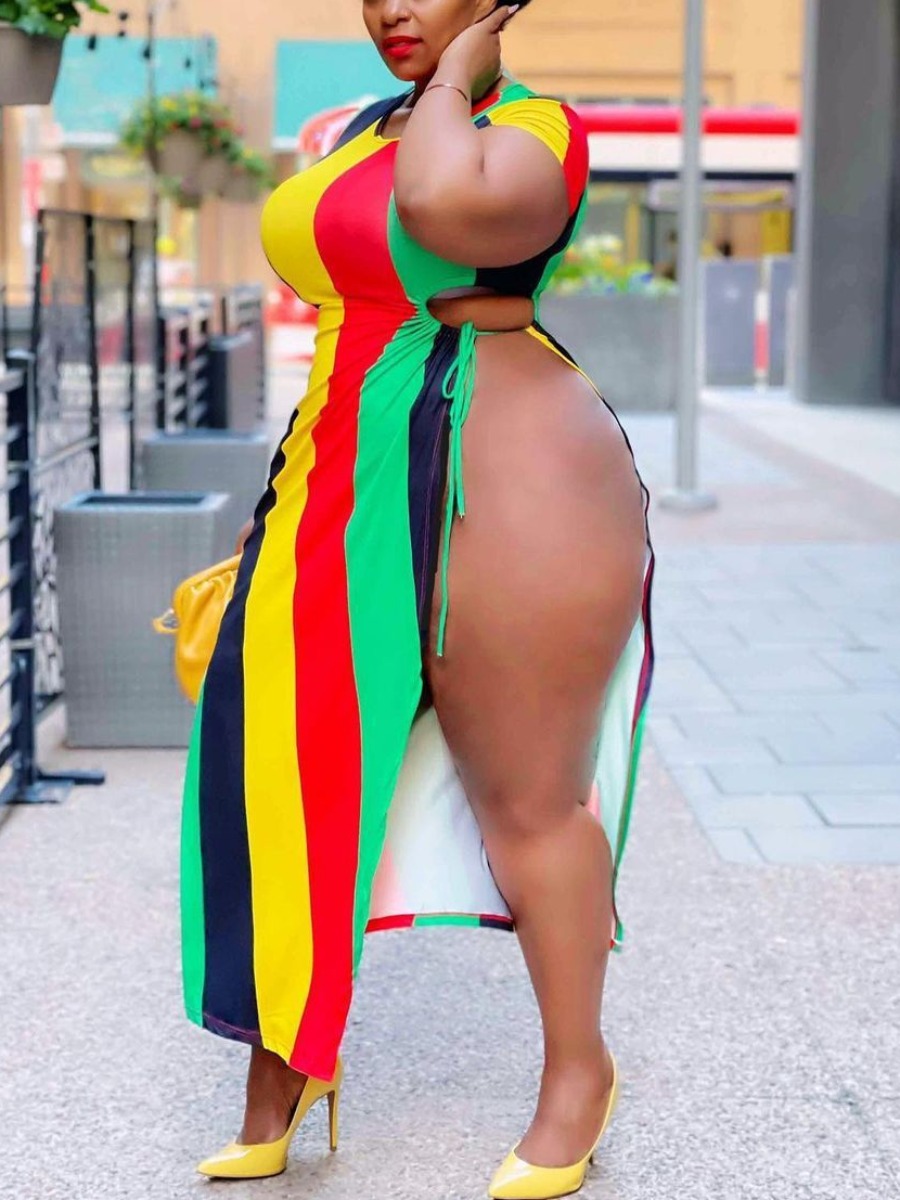 

LW SXY Plus Size Striped High Split Dress, Multicolor mstn