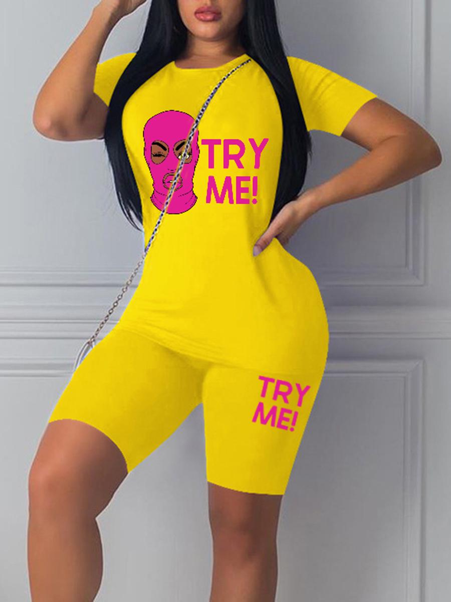 

LW Masked Face Letter Print Shorts Set, Yellow