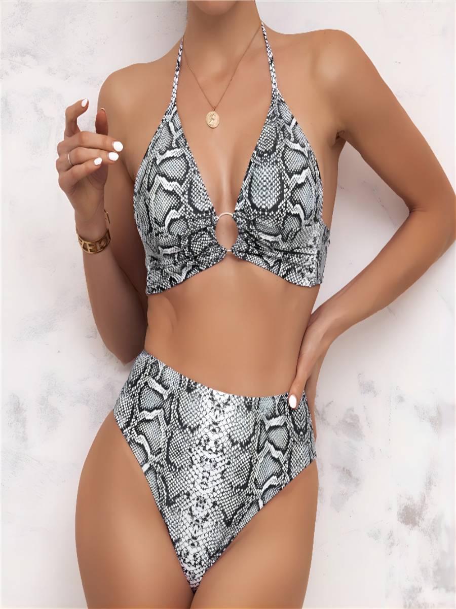 

LW SXY Cobra Print Metal Ring Decor Bikini Set