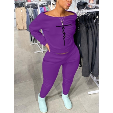 

LW Plus Size Faith Boat Neck Letter Print Pants Set, Purple