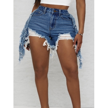 

LW Raw Edge Ripped Tassel Design Distressed Denim Shorts (No Stretchy), Deep blue