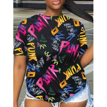 

LW Plus Size Punk Letter Print T-shirt, Black