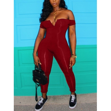 

LW BASICS Plus Size Off The Shoulder Skinny Jumpsuit, Wine red