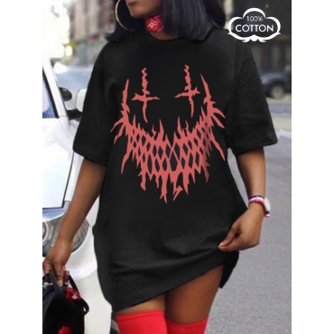 

LW COTTON Dropped Shoulder Print Dress, Black