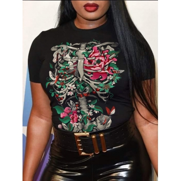 

LW Plus Size Skeleton Floral Print T-shirt, Black