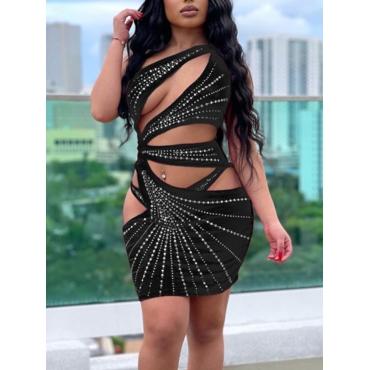 

LW SXY Hot Drilling See-through Bodycon Dress, Black
