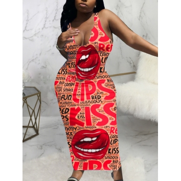

LW Plus Size Lip Letter Print Bodycon Dress, Red