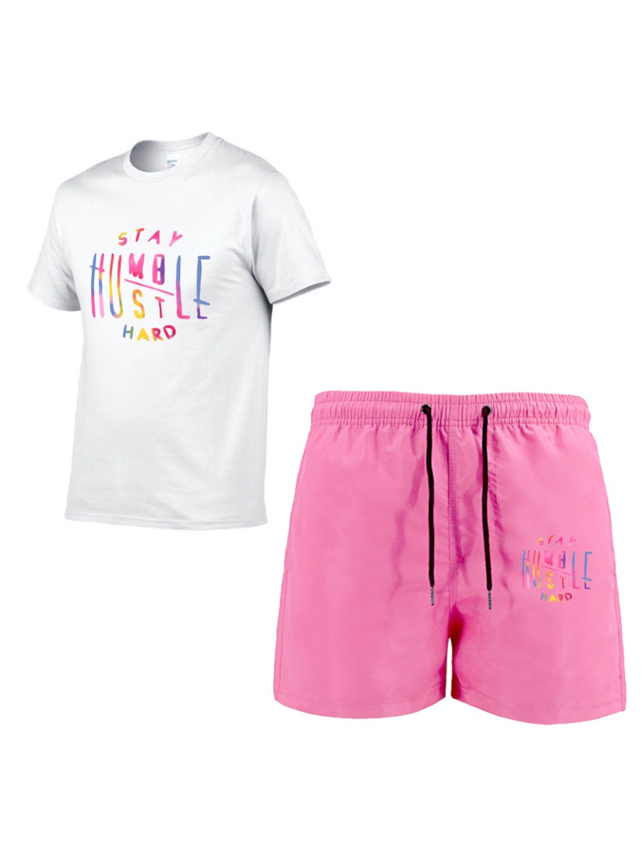 

LW Men Letter Print Drawstring Shorts Set, Pink