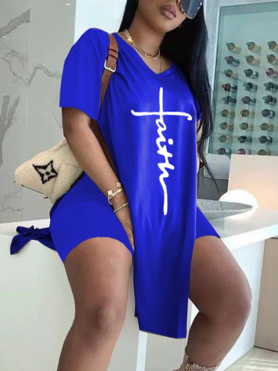 

LW Plus Size Faith Letter Print High Split Shorts Set, Blue