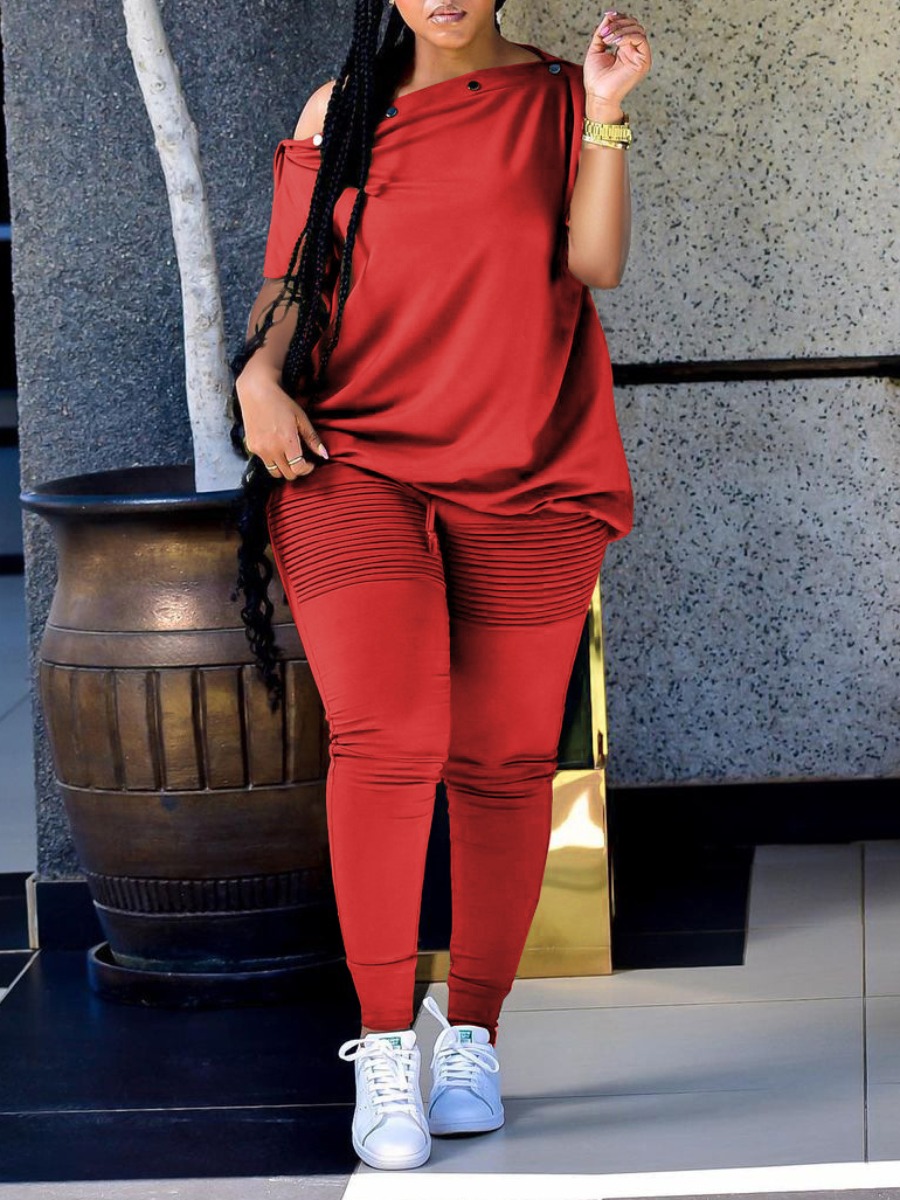 

LW BASICS Plus Size Boat Neck Drawstring Pants Set, Red