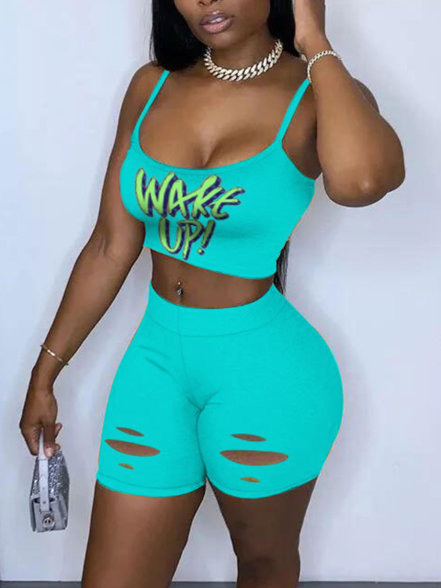 

LW COTTON Letter Print Ripped Shorts Set, Blue