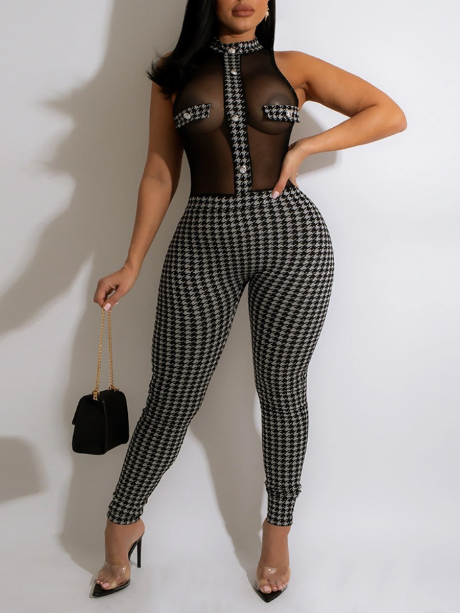 

LW SXY Houndstooth See-through Jumpsuit, Black