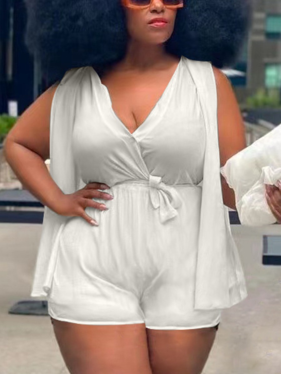 

LW Plus Size Split Sleeve Bandage Design Romper, White