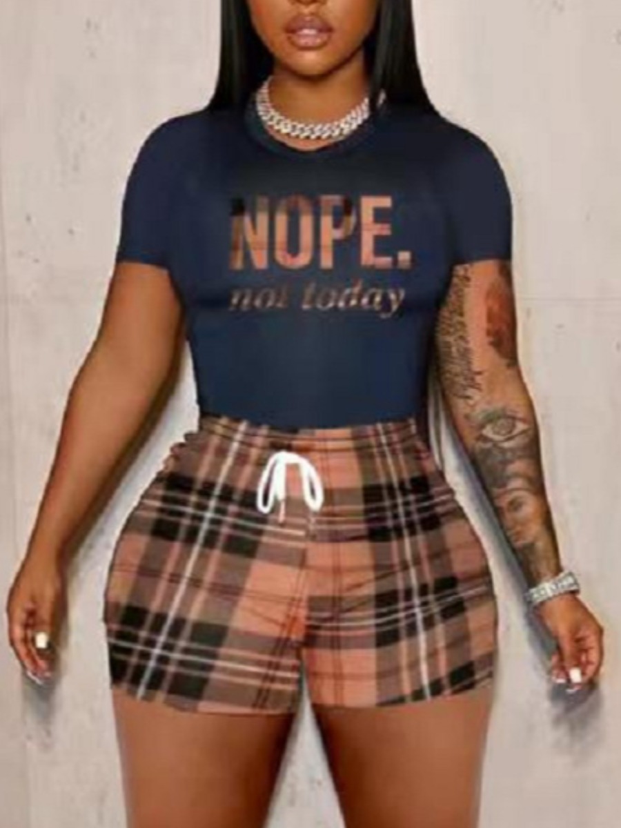 

LW Plus Size Plaid Letter Print Drawstring Shorts Set, Deep blue