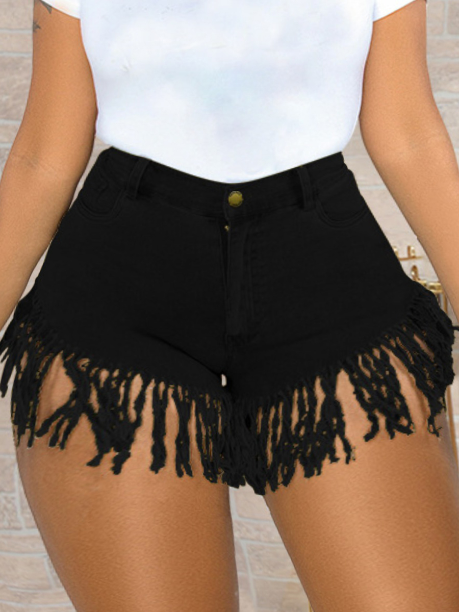 LW High-waisted High Stretchy Tassel Design Black Denim Shorts